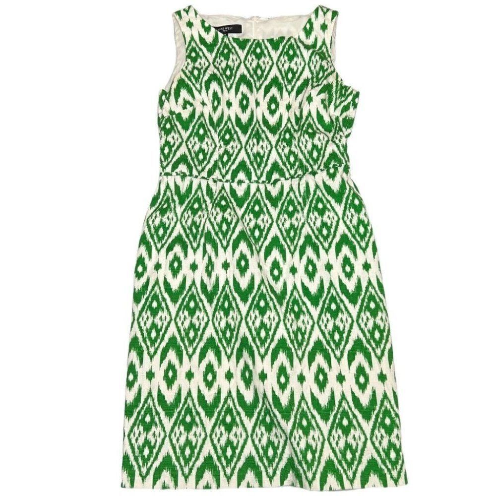 Nine West Green White Ikat Print Dress Size 10 Sleeveless A-Line Spring - Picture 2 of 11